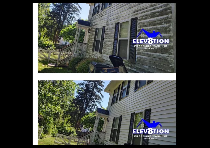 Before and after house washing: algae-covered siding cleaned by Elev8tion
